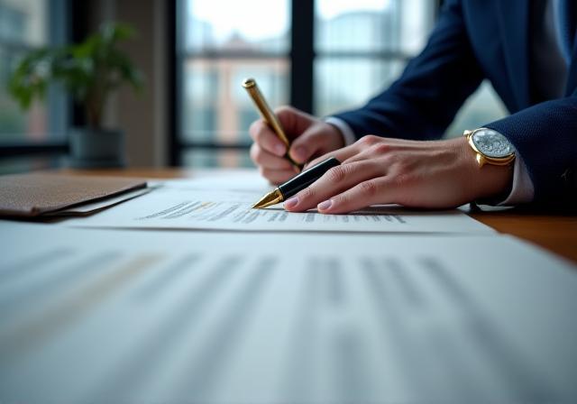 Close up of a legal professional reviewing a contract in a London office