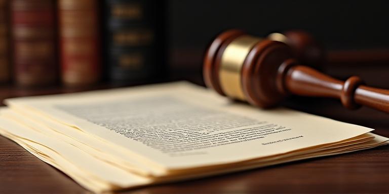 Legal documents and a gavel on a dark wooden desk representing authority